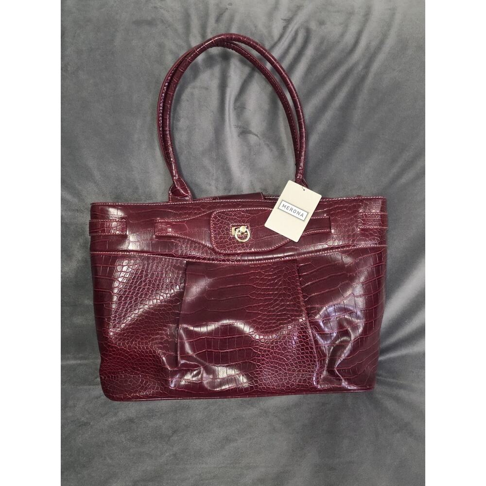 Merona Work Tote Handbag Large Red Faux Leather Laptop Case Crocodile Print NWT